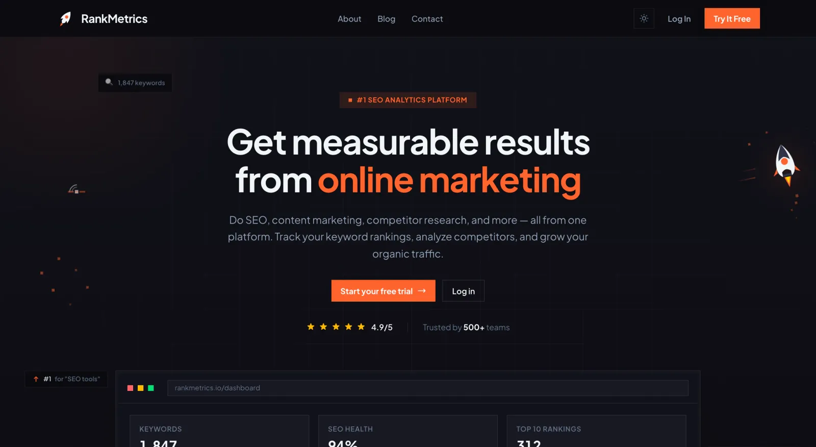 RankMetrics SEO analytics landing page and dashboard